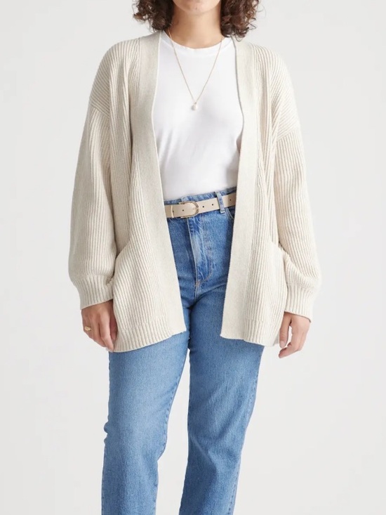 Quince Organic Cotton Oversized Knit Ribbed Cardigan Sweater Speckled Beige L - Picture 9 of 9